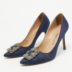 Pre Owned Manolo Blahnik Navy Blue Satin Hangisi Pumps Size 37