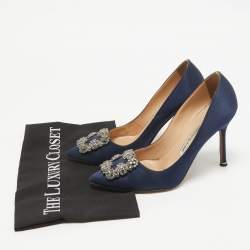 Pre Owned Manolo Blahnik Navy Blue Satin Hangisi Pumps Size 37