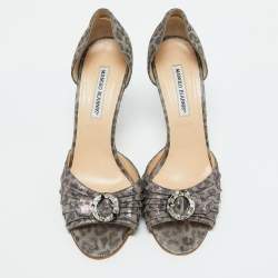 Manolo Blahnik Grey Leopard Print Suede Sedaraby D'Orsay Pumps Size 40.5