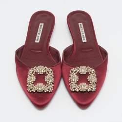 Pre Owned Manolo Blahnik Burgundy Satin Hangisi Crystal Embellished Flat Mules Size 39