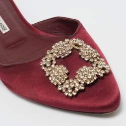 Pre Owned Manolo Blahnik Burgundy Satin Hangisi Crystal Embellished Flat Mules Size 39
