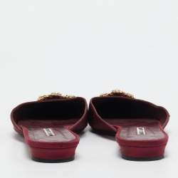 Pre Owned Manolo Blahnik Burgundy Satin Hangisi Crystal Embellished Flat Mules Size 39