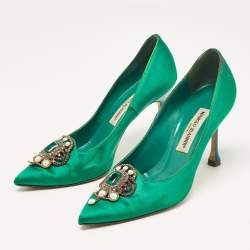 Pre Owned Manolo Blahnik Green Satin Eufrasia Pumps Size 37.5