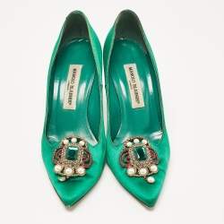 Pre Owned Manolo Blahnik Green Satin Eufrasia Pumps Size 37.5