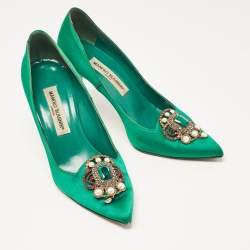 Pre Owned Manolo Blahnik Green Satin Eufrasia Pumps Size 37.5