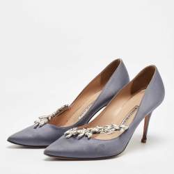 Pre Owned Manolo Blahnik Grey Satin Nadira Pointed Toe Pumps Size 39