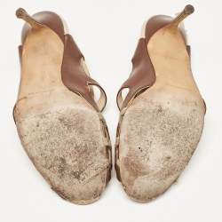 Manolo Blahnik Brown/Beige Canvas and Leather Strappy Slingback Sandals Size 37.5