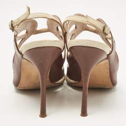Manolo Blahnik Brown/Beige Canvas and Leather Strappy Slingback Sandals Size 37.5