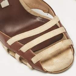 Manolo Blahnik Brown/Beige Canvas and Leather Strappy Slingback Sandals Size 37.5