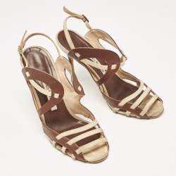 Manolo Blahnik Brown/Beige Canvas and Leather Strappy Slingback Sandals Size 37.5