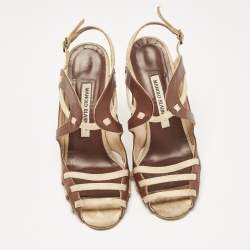 Manolo Blahnik Brown/Beige Canvas and Leather Strappy Slingback Sandals Size 37.5