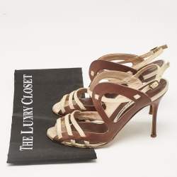 Manolo Blahnik Brown/Beige Canvas and Leather Strappy Slingback Sandals Size 37.5