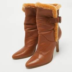Manolo Blahnik Brown Fur and Leather Ankle Length Boots Size 39.5