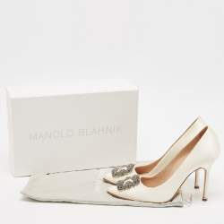 Pre Owned Manolo Blahnik Ivory Satin Hangisi Pumps Size 39.5