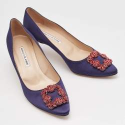 Pre Owned Manolo Blahnik Navy Blue Satin Hangisi Pumps Size 40