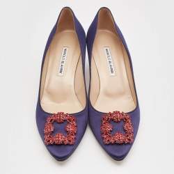 Pre Owned Manolo Blahnik Navy Blue Satin Hangisi Pumps Size 40