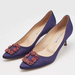 Pre Owned Manolo Blahnik Navy Blue Satin Hangisi Pumps Size 40