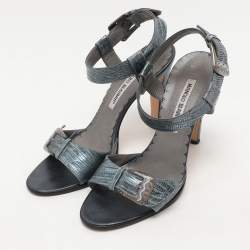 Manolo Blahnik Metallic Blue Lizard Embossed Leather Ankle Strap Sandals Size 38.5