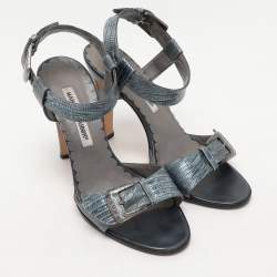 Manolo Blahnik Metallic Blue Lizard Embossed Leather Ankle Strap Sandals Size 38.5