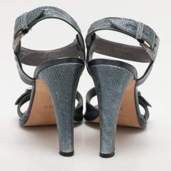 Manolo Blahnik Metallic Blue Lizard Embossed Leather Ankle Strap Sandals Size 38.5
