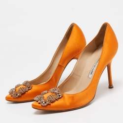 Manolo Blahnik Orange Satin Hangisi Crystal Embellished Pumps Size 36.5