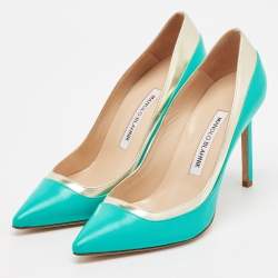 Pre Owned Manolo Blahnik Turquoise Blue Leather Pertati Pointed Toe Pumps Size 36.5