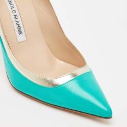 Pre Owned Manolo Blahnik Turquoise Blue Leather Pertati Pointed Toe Pumps Size 36.5