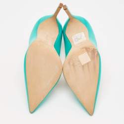 Pre Owned Manolo Blahnik Turquoise Blue Leather Pertati Pointed Toe Pumps Size 36.5