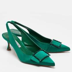 Pre Owned Manolo Blahnik Green Satin Dolores Slingback Pumps Size 39
