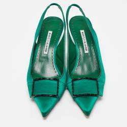 Pre Owned Manolo Blahnik Green Satin Dolores Slingback Pumps Size 39