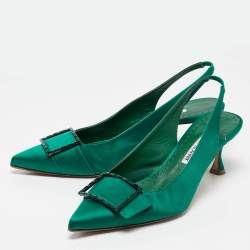 Pre Owned Manolo Blahnik Green Satin Dolores Slingback Pumps Size 39
