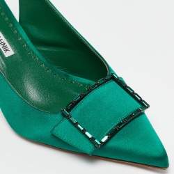 Pre Owned Manolo Blahnik Green Satin Dolores Slingback Pumps Size 39