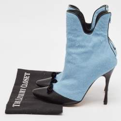 Manolo Blahnik Blue/Black Calf Hair and Leather Bow Ankle Length Boots Size 37