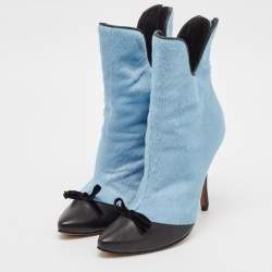 Manolo Blahnik Blue/Black Calf Hair and Leather Bow Ankle Length Boots Size 37