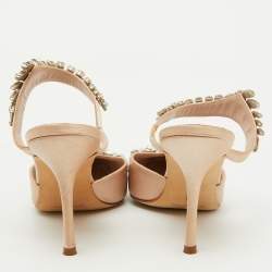 Manolo Blahnik Beige Satin Crystal Embellished Lurum Pointed Toe Mules Size 38