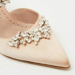 Manolo Blahnik Beige Satin Crystal Embellished Lurum Pointed Toe Mules Size 38