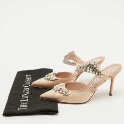Manolo Blahnik Beige Satin Crystal Embellished Lurum Pointed Toe Mules Size 38
