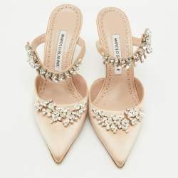 Manolo Blahnik Beige Satin Crystal Embellished Lurum Pointed Toe Mules Size 38