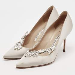Manolo Blahnik Grey Satin Nadira Crystal Embellished Pointed Toe Pumps Size 38
