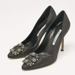 Pre Owned Manolo Blahnik Black Glitter Fabric Hangisi Pumps Size 37