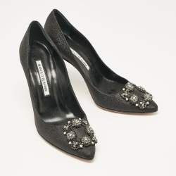 Pre Owned Manolo Blahnik Black Glitter Fabric Hangisi Pumps Size 37