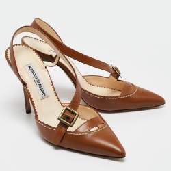 Pre Owned Manolo Blahnik Tan Leather Buckle Strap Pointed Toe Pumps Size 37