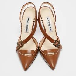Pre Owned Manolo Blahnik Tan Leather Buckle Strap Pointed Toe Pumps Size 37