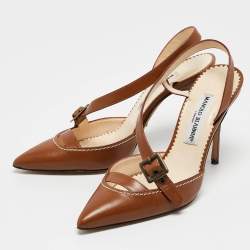Pre Owned Manolo Blahnik Tan Leather Buckle Strap Pointed Toe Pumps Size 37