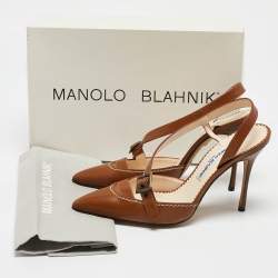 Pre Owned Manolo Blahnik Tan Leather Buckle Strap Pointed Toe Pumps Size 37
