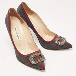 Pre Owned Manolo Blahnik Grey/Burgundy Satin Crystal Gotrian Pumps Size 42