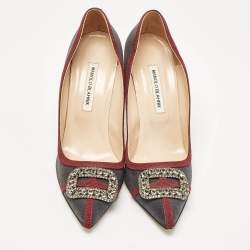 Pre Owned Manolo Blahnik Grey/Burgundy Satin Crystal Gotrian Pumps Size 42