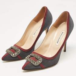 Pre Owned Manolo Blahnik Grey/Burgundy Satin Crystal Gotrian Pumps Size 42
