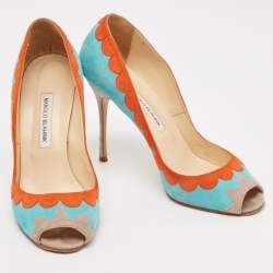 Manolo Blahnik Blue/Orange Suede Peep Toe Pumps Size 41