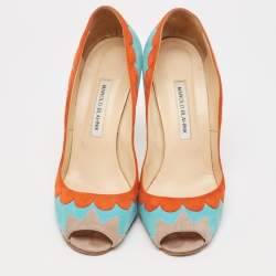 Manolo Blahnik Blue/Orange Suede Peep Toe Pumps Size 41